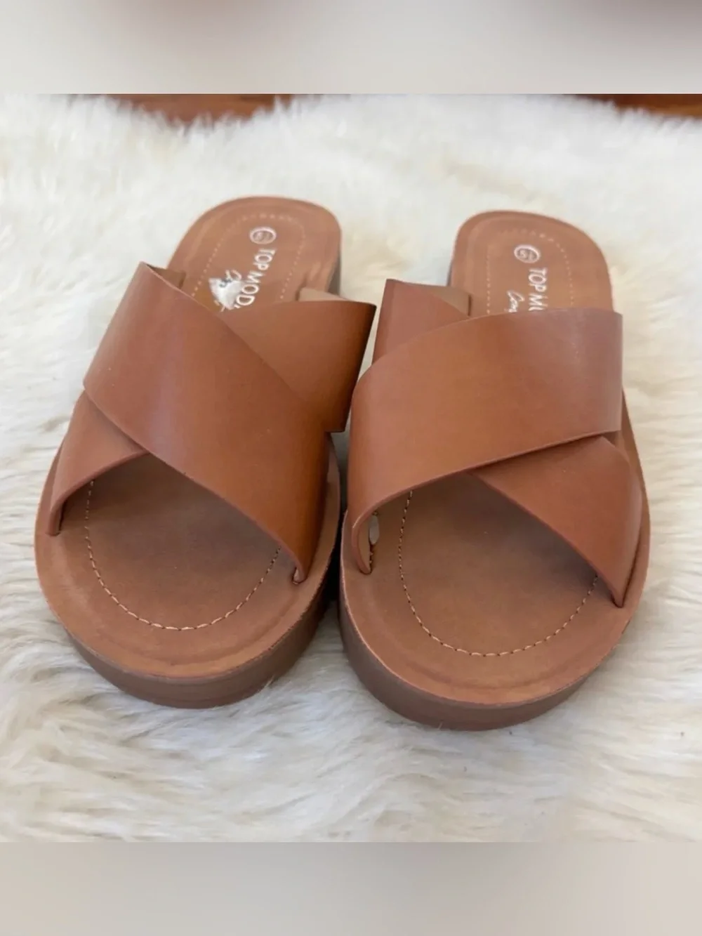 TOP Moda Tan Cross-Strap Slide Sandals